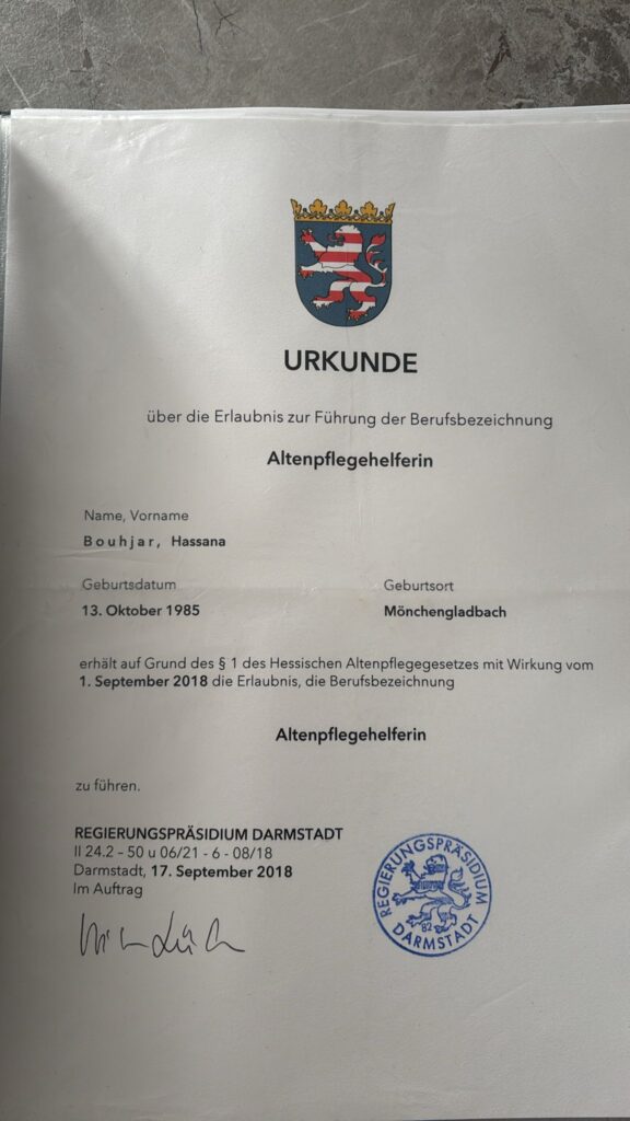 Urkunde Altenpflegehelferin
